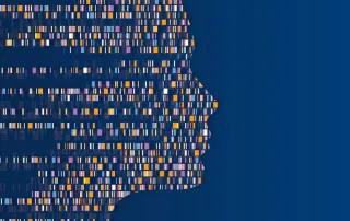 Abstract human head silhouette made of colorful data blocks on blue background